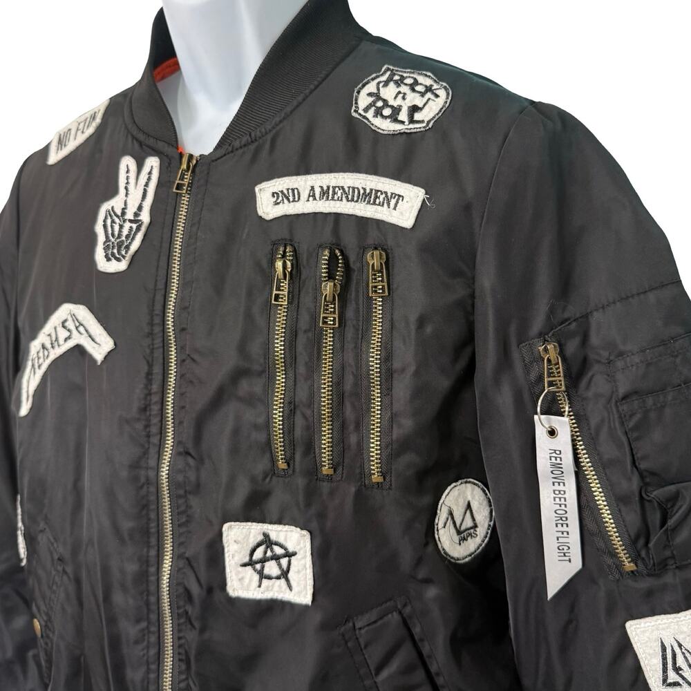 American Stitch Black Patchwork Bomber Jacket Punk Rock N Roll Patches Size M - Picture 8 of 12